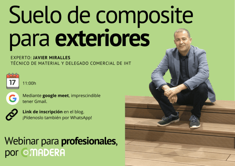 Cartel del webinar para profesionales sobre suelo de composite para exteriores.