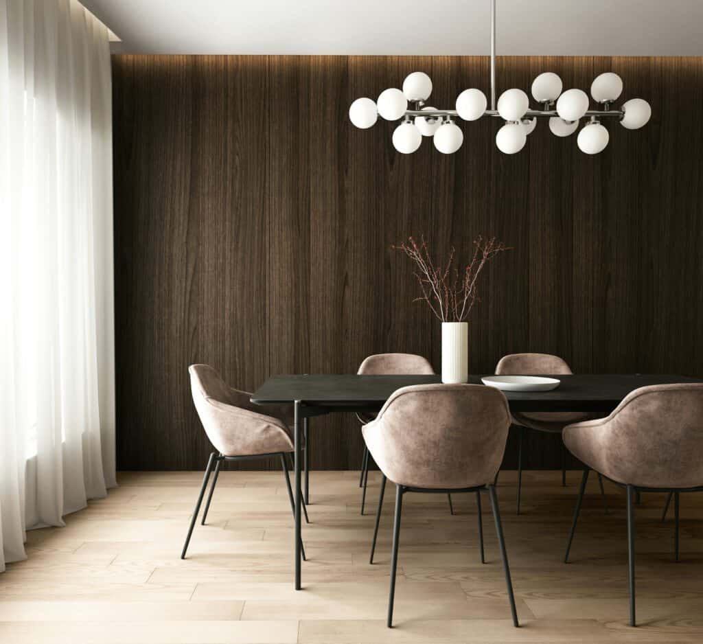 Habitación con madera oscura, el color tendencia de este 2025.